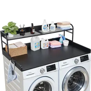 Washer And Dryer Countertop With Shelf, 54 By 27.5 Inches Wooden Topper With Edge And 2 Hooks, Ideal For Laundry Room Storage, Laundry Closet Or Pantry Counter Organization And Surface Protection, Black Finish