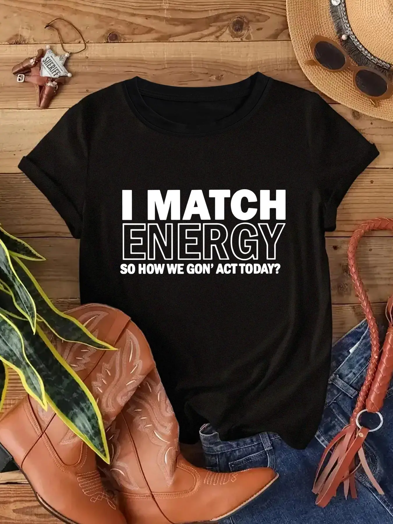 Women's "i match energy" Letter Print Round Neck Tee, Trendy Casual Streetwear Short Sleeve T-shirt for Daily Wear, Ladies Summer, Top, Casual Tee Shirts