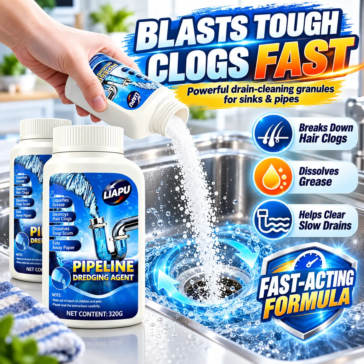 Liapu Fast-Acting Pipe Unclogging Powder - Multi-Purpose Home Drain Cleaner, Deodorizer for Stubborn Hair, Grease, Soap Scum Clogs