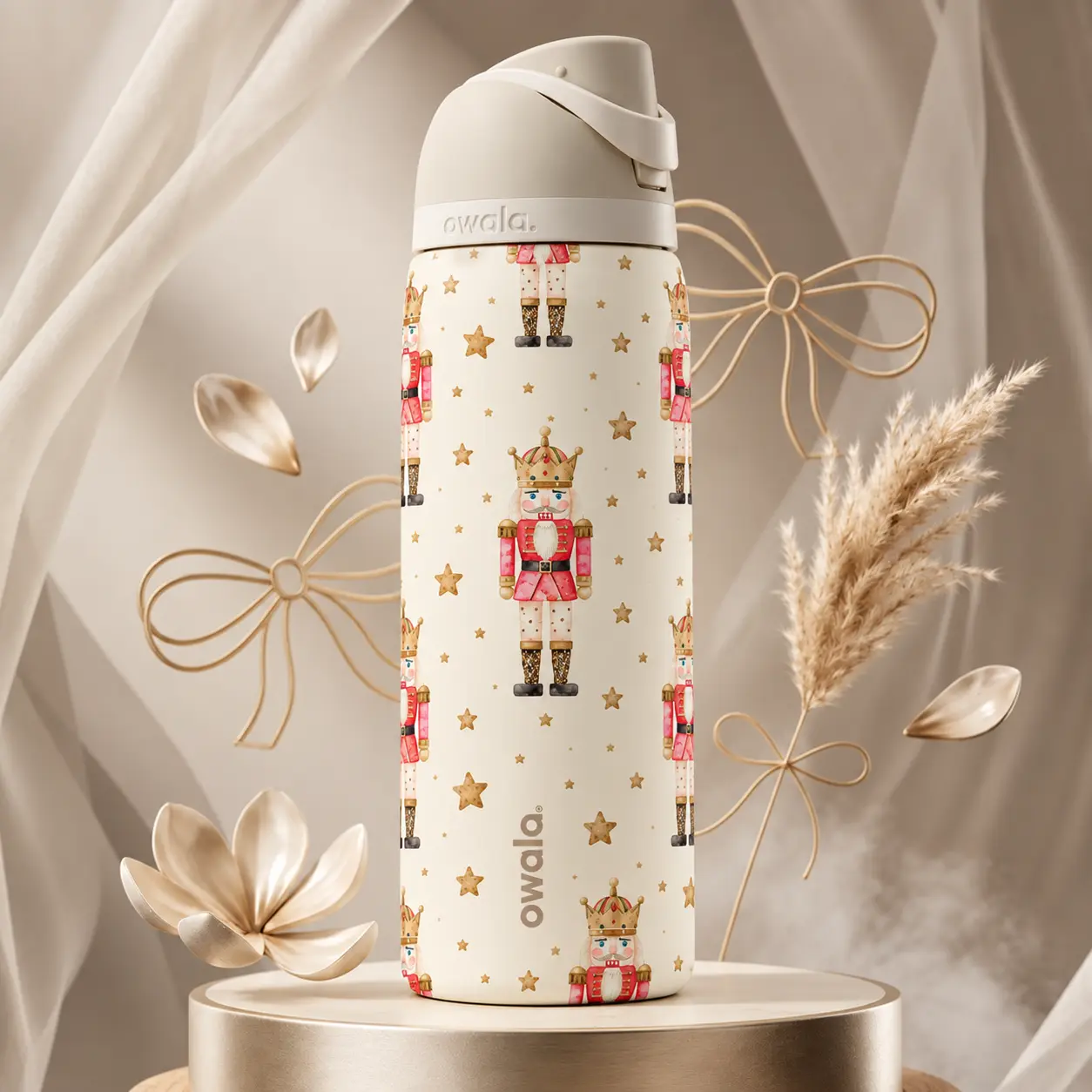Owala FreeSip Water Bottle 24oz/32oz Nutcracker & Star Design White Stainless Steel Insulated Leak-Resistant Straw Bottle for Christmas, Work, School & Travel