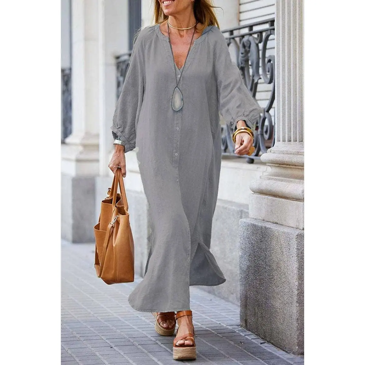 Demure v-neck Balloon Sleeves blouse long dress
