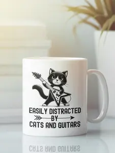 Easily Distracted by Cats and Guitars, Electric Guitar & Cat Coffee Mug, Cat Lover Gifts, Funny Guitar Player Gift, Musician Coffee Cup #482