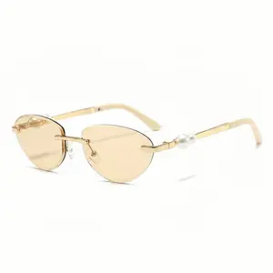 Trendy Rimless Cat Eye Metal Sunglasses Vintage Small Oval Pearl Eyewear UV400 Protection for Women Men Outdoor