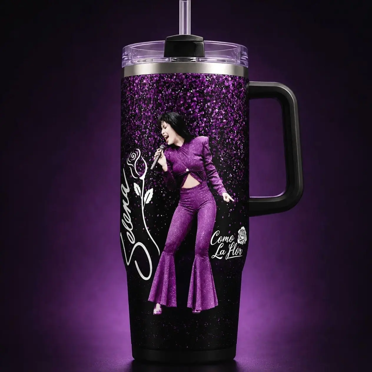 Selena Como La Flor Tumbler 30oz 40oz, Purple Glitter Latina Music Fan Cup With Singer Graphic Rose Signature Artwork And Travel Drinkware With Handle, Not Including The Straw Water Bottles Bottle