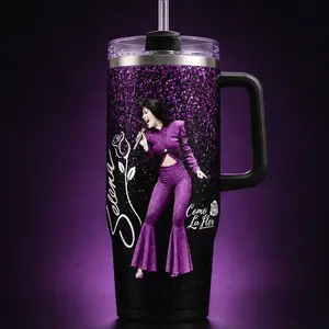Selena Como La Flor Tumbler 30oz 40oz, Purple Glitter Latina Music Fan Cup With Singer Graphic Rose Signature Artwork And Travel Drinkware With Handle, Not Including The Straw Water Bottles Bottle