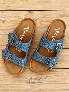 Women’s Berry 5 Very G Western Floral Buckle Slide Sandals - Blue Footwear with Stylish Design, Fashionable Sandals for Women, Sandals Women