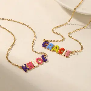 Dopamine Custom Enamel Bubble Letter Pendant Happy Necklace Colorful Custom Bubble Letter Name Jewelry For Women Gift for Girl