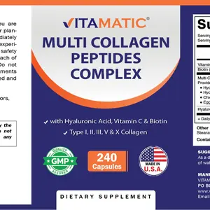 Vitamatic Multi Collagen Peptides Complex with Hyaluronic Acid, Vitamin C & Biotin, Types I, II, III, V & X Collagen, 240 Capsules, Non-GMO, Made in USA