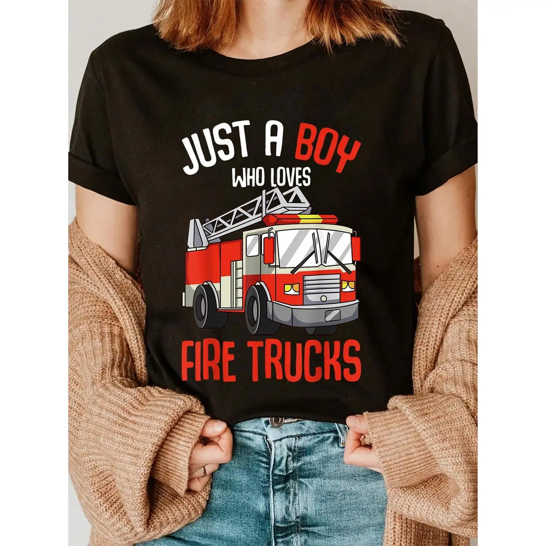 100% Cotton Just A Boy Who Loves Firetrucks Firefighter Fireman T-Shirt