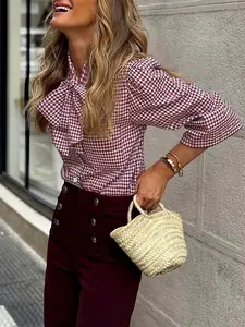 Women's Plaid Gingham Mid-Sleeve Fitted Elegant Shirt Blouse, Front Button, Draped Collar, Perfect for Daily, Commuting, Parties, Korean Fashion