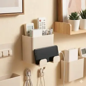 Multi-Purpose Wall-Mounted Organizer for Living Room Bedroom Desk with Non-Slip Dust-Proof Layers, Cord Management and Remote Control Holder, No Drilling Installation Storage Box, Desk Accessories, Office Organizer