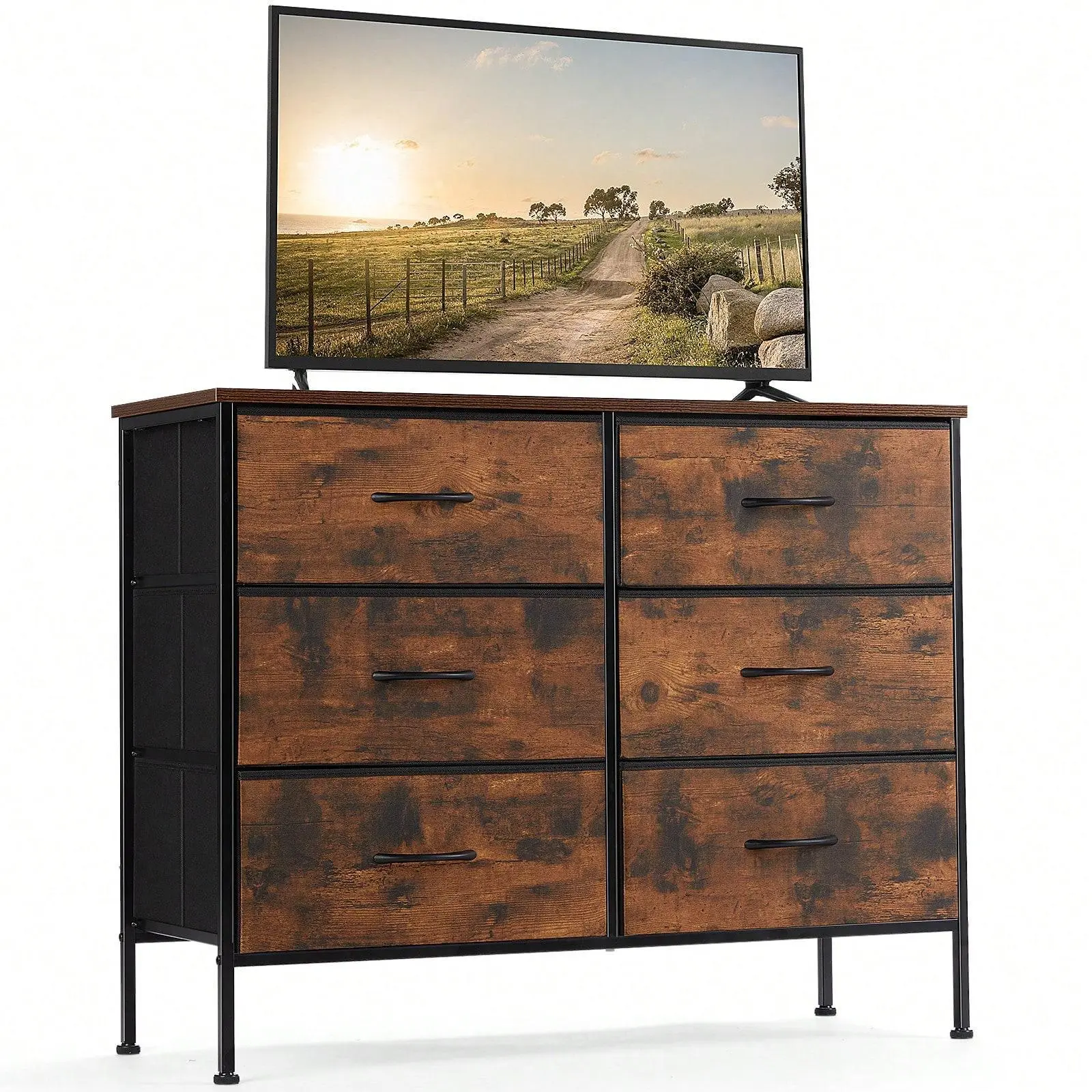 Sturdy French Country 6-Drawer Wide Fabric Bedroom Dresser with Metal Frame, Waterproof Wooden Top, Cabinet Storage for TV & Indoor Organization