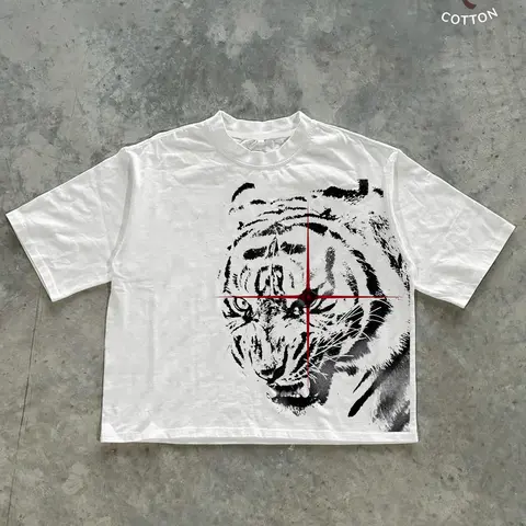 Men's Tiger Head Casual Graphic Design Loose-Fit T-Shirt, Fashionable Casual Streetwear Tee, Suitable for Daily Wear and Hip-Hop Occasions, Menswear