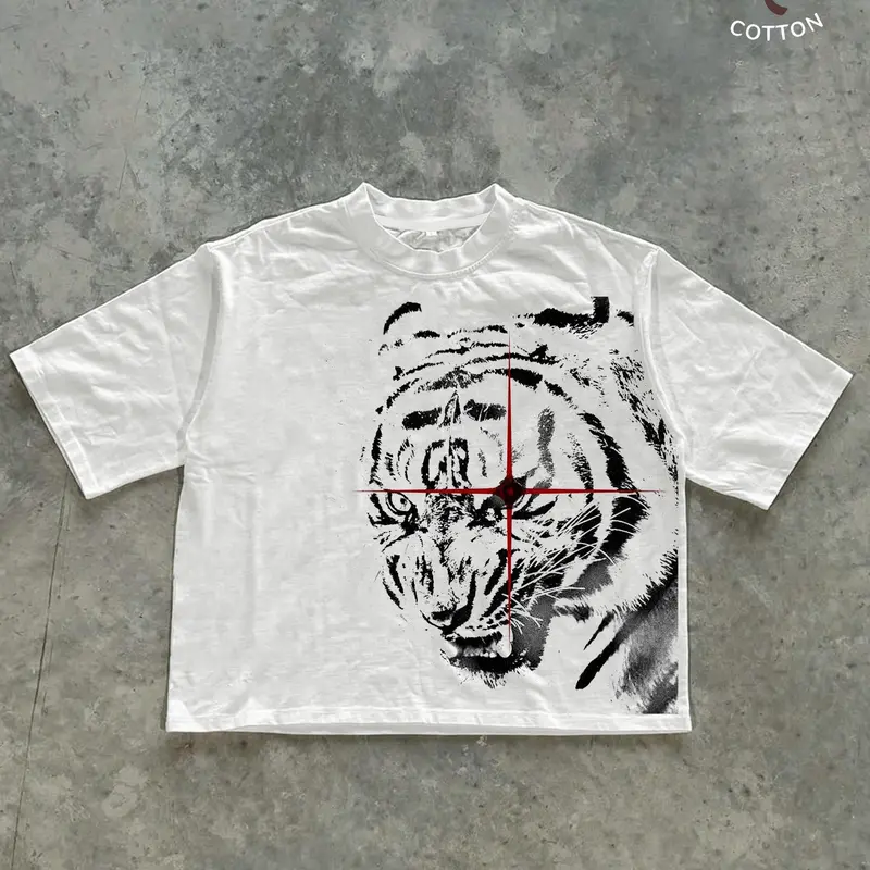 Men's Tiger Head Casual Graphic Design Loose-Fit T-Shirt, Fashionable Casual Streetwear Tee, Suitable for Daily Wear and Hip-Hop Occasions, Menswear