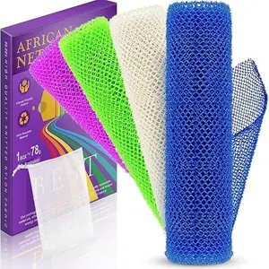 African 4 Pieces Long Net Bath Sponge Set - Personal Exfoliating Sponges in Blue, Green, Purple, White for Silky Smooth Skin Shower Shiny