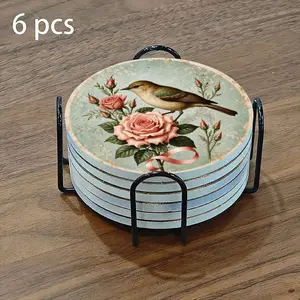 6-piece ceramic coaster set, featuring a vintage-style illustration of birds and roses. Heat-resistant, non-slip coasters with holders, perfect for home, dining, and as beverage mats.