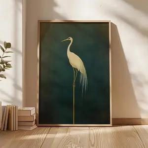 1pc Japanese Crane & Bird Wall Art Print - Vertical Minimalist Crane Painting, Japandi Style Green Crane Suitable for Bedroom,, Dorm - Frameless Vertical Decor, Japanese Crane Painting