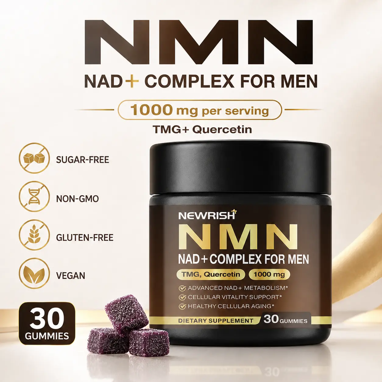 Newrish 500mg NMN Gummies with Resveratrol, Coenzyme Q10 and Glutathione-Boosting Fitness-Sugar-Free Vegan Chewable Supplement to Promote Blood Circulation, Boost Energy and Antioxidant Skin, 30-pill Pack