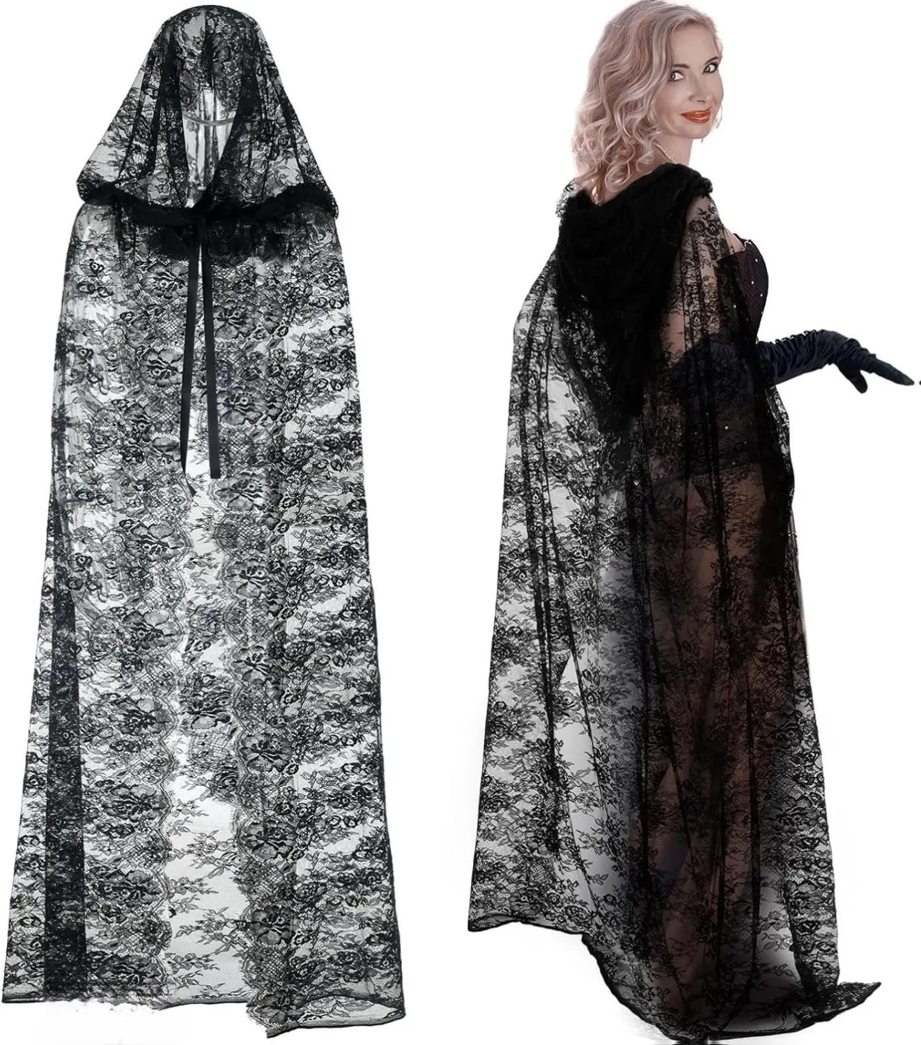 Halloween Lace Hooded Cloak Witch Tulle Cape for Women Gothic Costumes Cape for Cosplay Vampire Costume Black