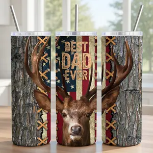 Best Dad Ever Tumbler 20oz with Lid and Straw - American Flag Deer Antler Hunting Gifts for Dad, Father’s Day Gift from Daughter Son, Insulated Stainless Steel Cup, Ships in 2 Days