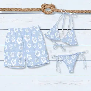 Unisex Matching Pastel Floral Swimsuit Set Couple Bikini and Swim Trunks Beachwear Fashion Romantic Honeymoon Vacation Apparel