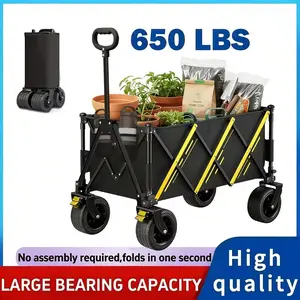 Heavy Duty Folding Utility Wagon, 300L Large Space Collapsible Cart with 7-in Wheels, 650LB Capacity, Ideal for Camping, Gardening, Black
