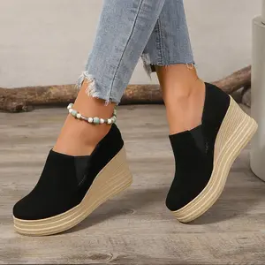 A Pair of Women's Solid Color Platform Wedge Sneakers with Imitation Leather Sole and Cloth Insole, Comfortable for All Seasons - Footwear women's shoes Girl High Heel Fashion Elegant Classy Stylish Heeled Black