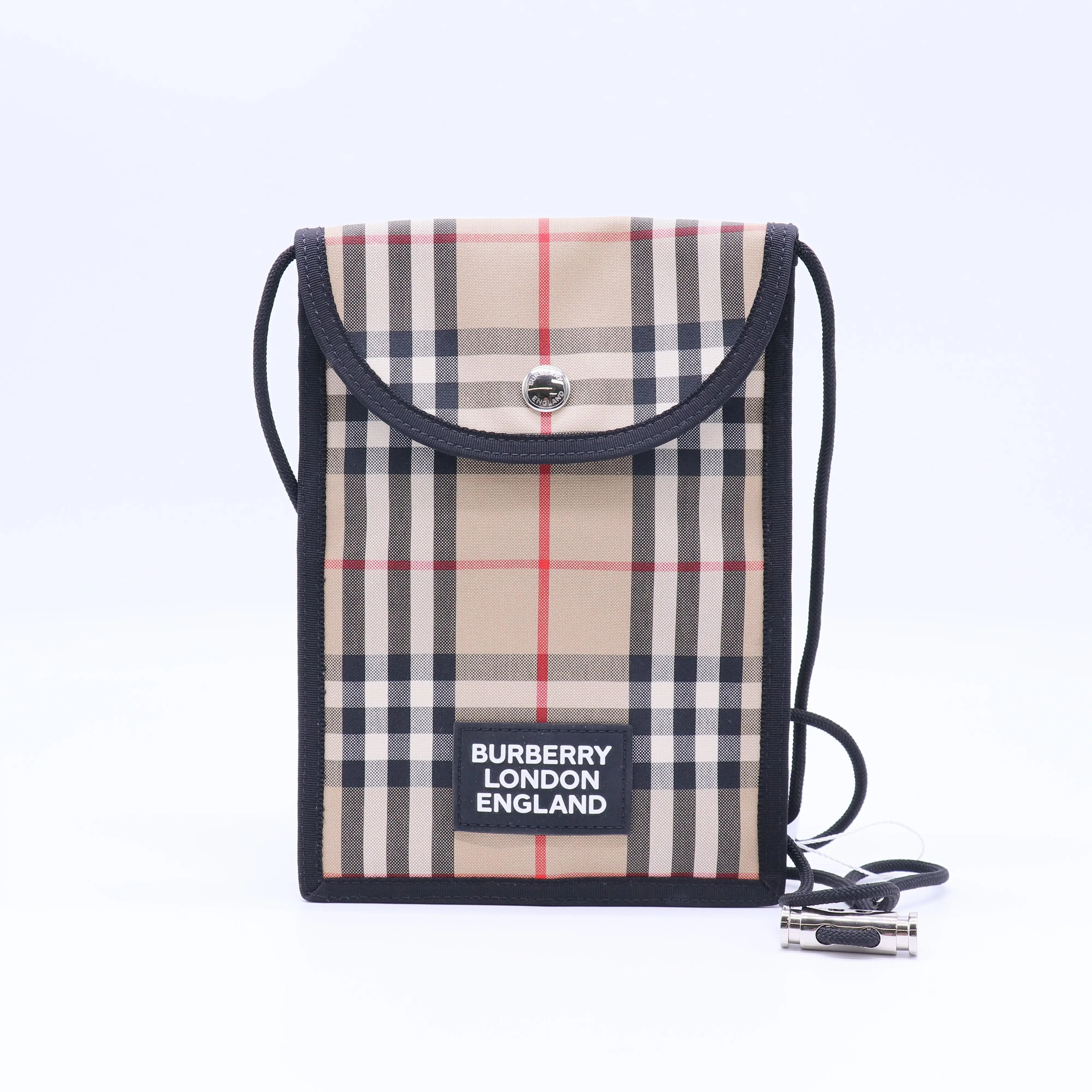 Pre-owned BURBERRY Leather Small Leather Goods Vintage Check Cotton Canvas Phone Pouch with Strap W21769