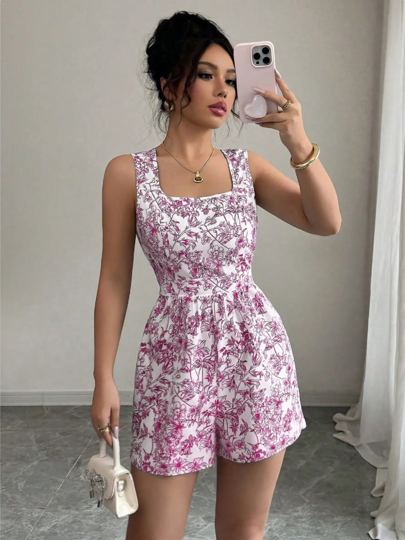 French Blue Print Square Neck Romper for Women, Womenswear, Waist Cinching Slim Fit Sleeveless Design, Summer Chic Versatile Casual Bohemian Romper, Fitted, Fitted Rompers