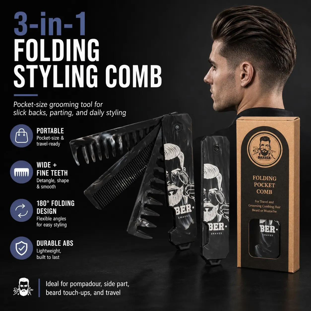 3-in-1 Folding Pocket Comb for Men, Portable Lightweight Durable ABS Wide & Fine Tooth Styling Comb with Parting Tool, Black Travel Grooming Comb for Slick Back, Pompadour, Beard & Daily Hair Styling