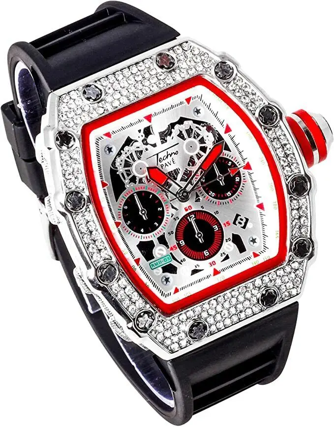 MaxBling81 Men's Blinged-Out Diamond-Embellished Luxury Square Quartz Watch - Iced Gold-Silver Tone, Lab Diamond Bezel, White/Black/Red Silicone Band, Large Casual Trendy Fashion Wristwatch, Diamond-Embellished Quartz Watches, Square Quartz Watches