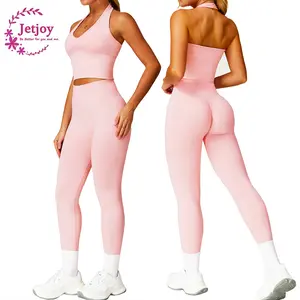 Jetjoy 2 Pieces Workout Sets for Women, Seamless Workout Sets for Women 2 Piece Halter Neck Sport Bra Hidden Scrunch Leggings Yoga Exercise Outfits Gym Clothes