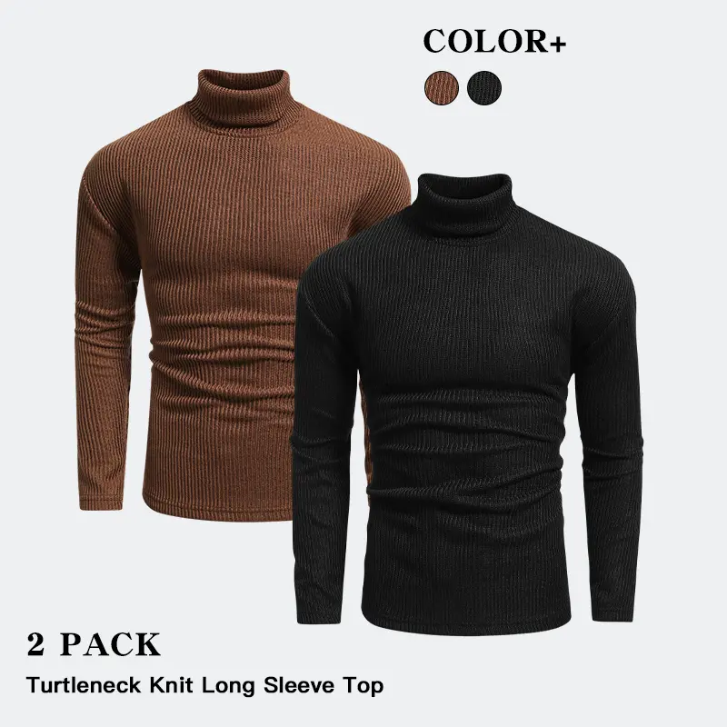 Men 2Pcs Vertical Textured Turtleneck Knit Long‑Sleeve Tops Casual Pullovers For Cold‑Weather Daily Wear And Casual Night‑Out