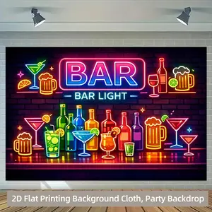 2D Flat Banner Polyester Photography Backdrop, HD Digitally Printed Background Cloth, Neon Bar Light Sign with Colorful Cocktail Bottles and Glasses Pattern on a Brick Wall, Soft Lightweight Foldable for Party Decor, Photo Booth,
