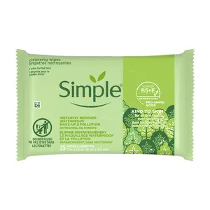 Simple Kind To Skin Cleansing Makeup Remover Wipes - Vegan Facial Cleanser Wipes with Vitamin B5 and E - Removes Waterproof Makeup - 25 pc