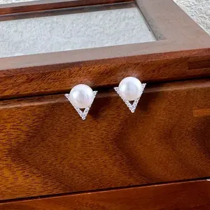 Pearl and Triangle Rhinestone Earrings - Simple Design with Pearl Accent and Rhinestone Trim