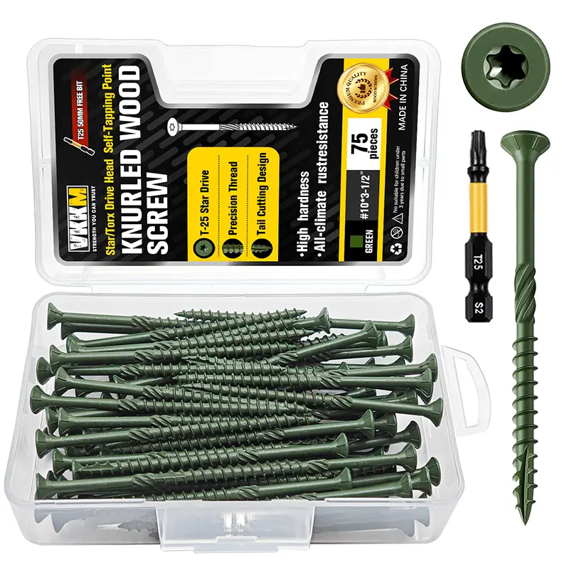 VKKM 75Pcs #10 x 3-1/2 Inch Green Torx Knurled Deck Wood Screws, All-Weather Rust Resistant Self Tapping Fasteners with Free T25 Bit for Outdoor Decking, Fencing & Exterior Wood Projects