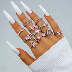Pink Crystal Rings Set Silver Butterfly Heart Stackable Rings Coquette Aesthetic Jewelry Y2K Girls School Dorm Party Birthday Gift Idea