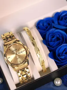 Men's Business Fashion High End Watch & Bracelet Set, Waterproof Analog Quartz Watch & Bracelet, Trendy Watch Set for Men As Gift with Box