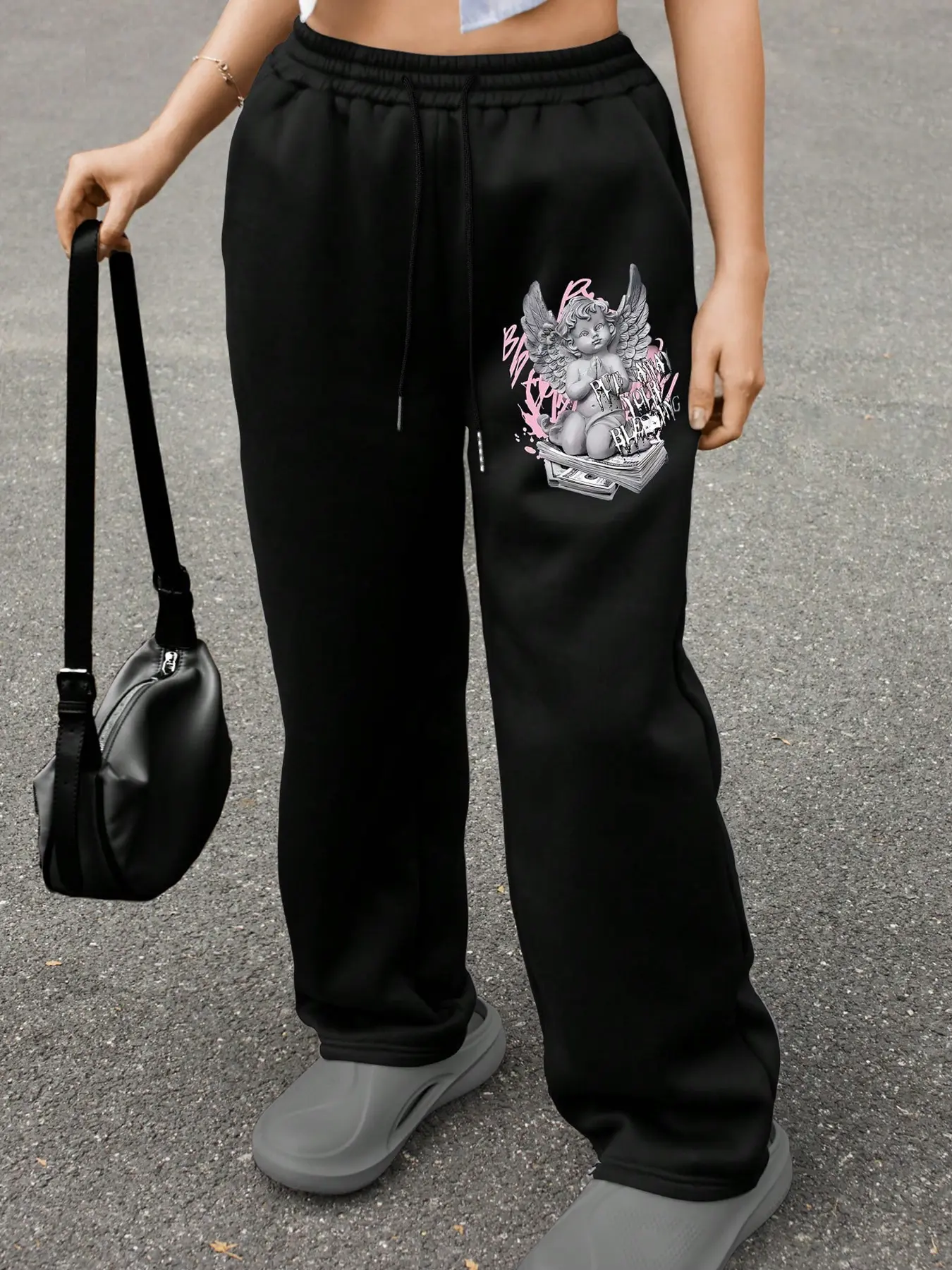 Women's Casual Loose-Fit Long Pants, Angel Baby Print, All-Season Comfortable Home & Outdoor Wear, Versatile Straight-Leg Design