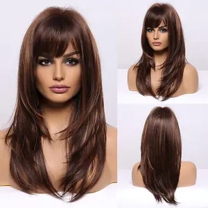 Brown Wigs for Women Highlight Wigs with Bangs Long Straight Layered Heat Resistant Synthetic Wigs