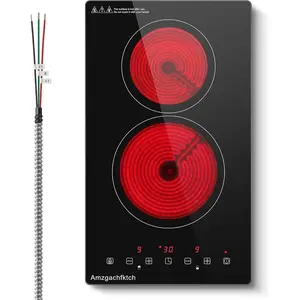 2 Burner Electric Cooktop 220V~240V, 12 Inch Built-in 3000W Ceramic Stove Top with Child Safety Lock, Timer & Residual Heat Indicator, Hard Wire(No Plug) for Modern Kitchens SK001-122BE