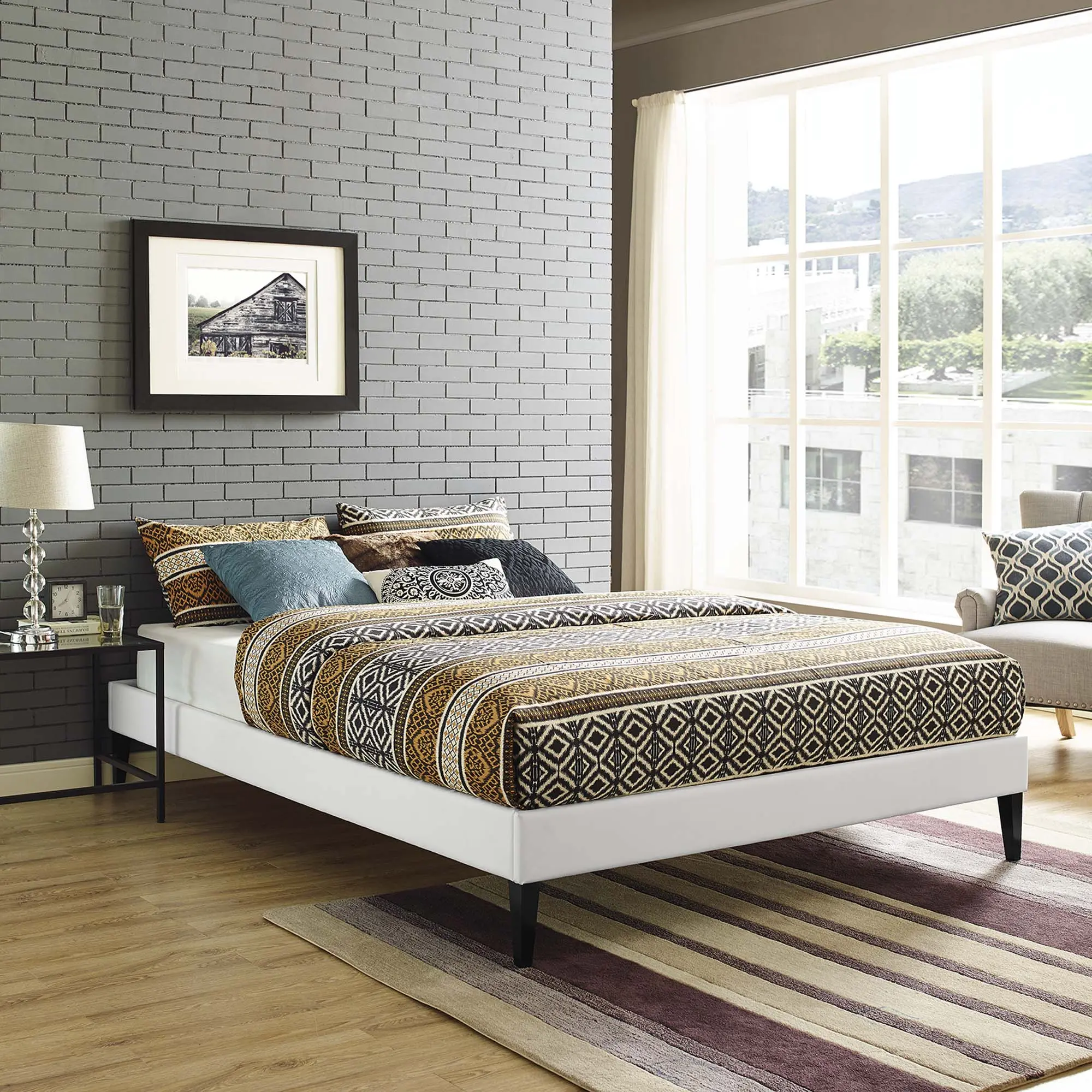 Modway Tessie Queen Size Vinyl Bed Frame - Sturdy Minimalist Wood Platform Bed for Indoor Use, Modern Upholstered Design, Mid-Century Squared Tapered Legs, Centered Support, Box Spring Free, Memory Foam Mattress Compatible (White), Queen Size Bed Frame