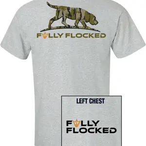 Fully Flocked Short Sleeve Gildan Softstyle T-Shirt. Camo Dog Design. Heather Gray Color