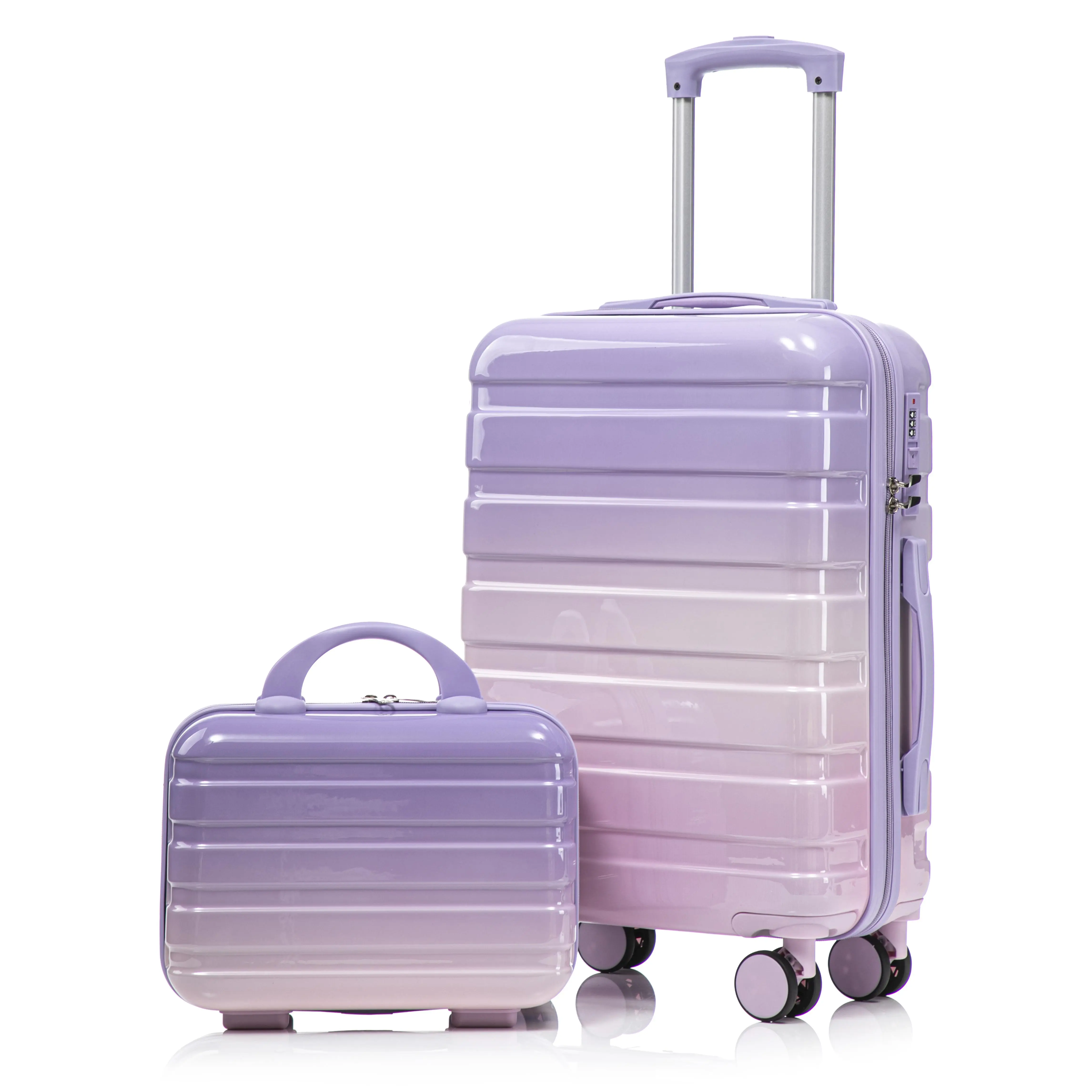 2 Piece Gradient PC Luggage Set, 14” Cosmetic Case + 20” Carry On Suitcase, Lightweight Hard Shell Travel Luggage with Combination Lock, 360° Silent Double Spinner Wheels for Women Short Trips