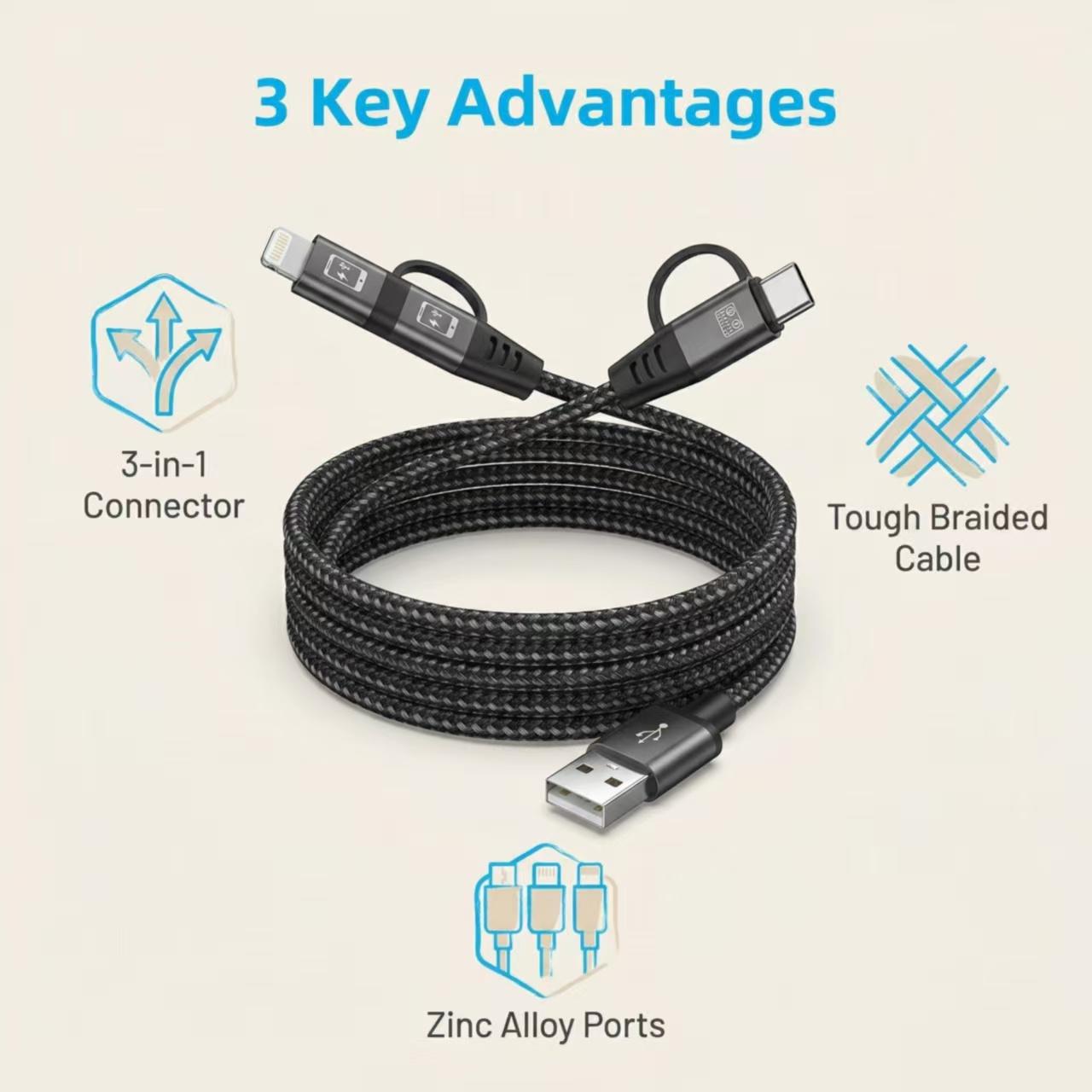 3-in-1 Fast Charging Cable, Nylon Braided USB Charger Cord with Type C & Lightning, Universal Phone Charger for iPhone 15/14/13 Pro Max, Samsung Galaxy, Android & iPad.Bend resistant. Heavy duty cable.Long charging cable 1.5m