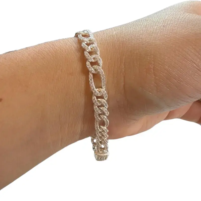 Pulsera fígaro de plata 925 con circonias 8.5 pulgadas y 6.4mm de ancho
