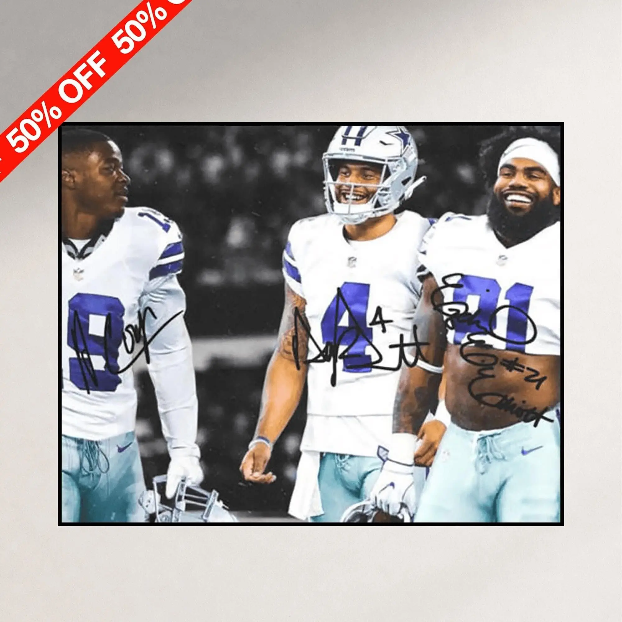 Dallas Cowboys Dak Prescott Ezekiel Elliott Amari Cooper Signed Football Photo Poster ( Unframed - Print Only )