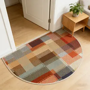 Vintage Houndstooth Color-Blocked Half-Circle Door Mat, High Elastic Non-Slip Dust-Removing Rug for Entrance & Balcony, Easy to Clean American Retro Style Suitable for Various Home Decor, Unique Rugs