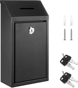 Metal Money Donation Cash Box Collection Safe Suggestion Box with Lock, Wall Mounted Mailbox Delivery Ballot Container for Home Office Outdoor Farmstand (Black, 10.24 x 5.71 x 2.95 Inch)